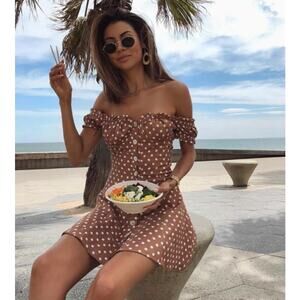 Seven Wonders Polka Dot Off The Shoulder Mini Dress Bustier Button Front Ruffle